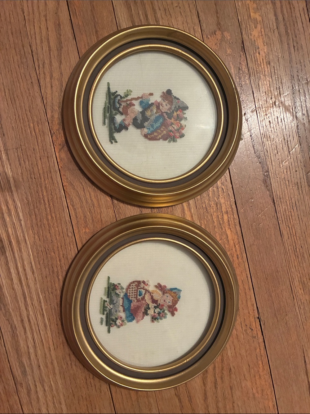 Vintage Gold Framed Cross Stitch Pair of Children with Blue, Pink, Green Accents